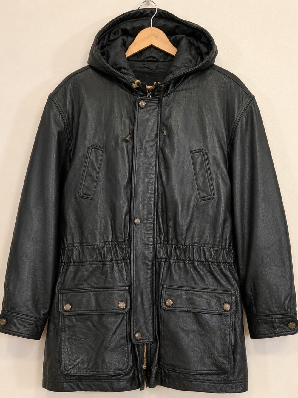 KC Collections Black Genuine Leather Hooded Faux Fur Lined Jacket XL